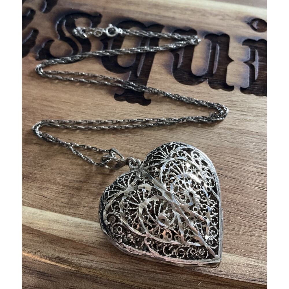 Vintage Sterling Silver Filigree Heart Pendant Necklace 925 Large Ornate Scroll